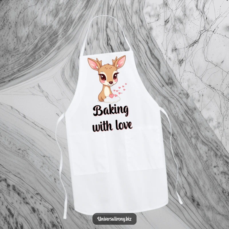 Funny deer with wide eyes watching a tiny cloud rain miniature hearts on a kitchen apron.