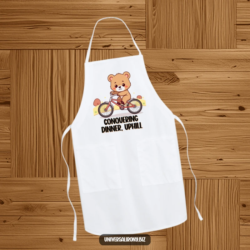 Funny apron showing a cute, determined bear cub struggling to ride a tiny bicycle uphill, perfect for a chef with grit.