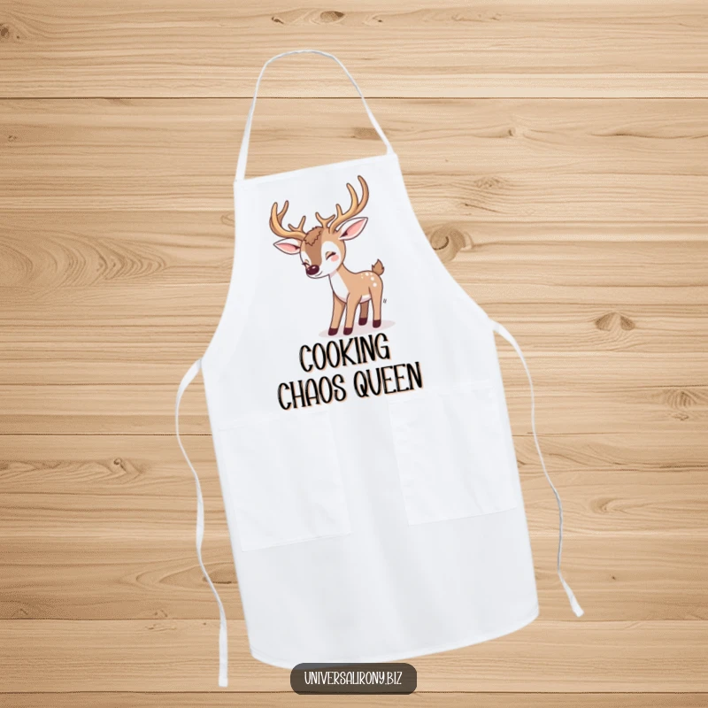 Funny kawaii deer playfully tripping over its antlers, on a kitchen apron, adding humor to cooking and baking.