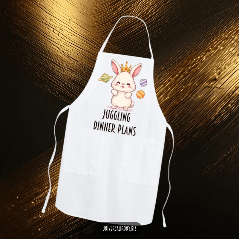 Funny apron showing a fluffy crowned bunny attempting to juggle three spinning planets, perfect for a chef with a cosmic sense of humor.