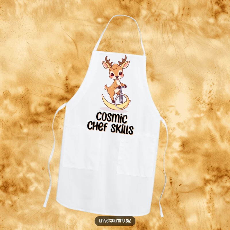 Funny deer with a mischievous grin riding a crescent moon unicycle on a kitchen apron.