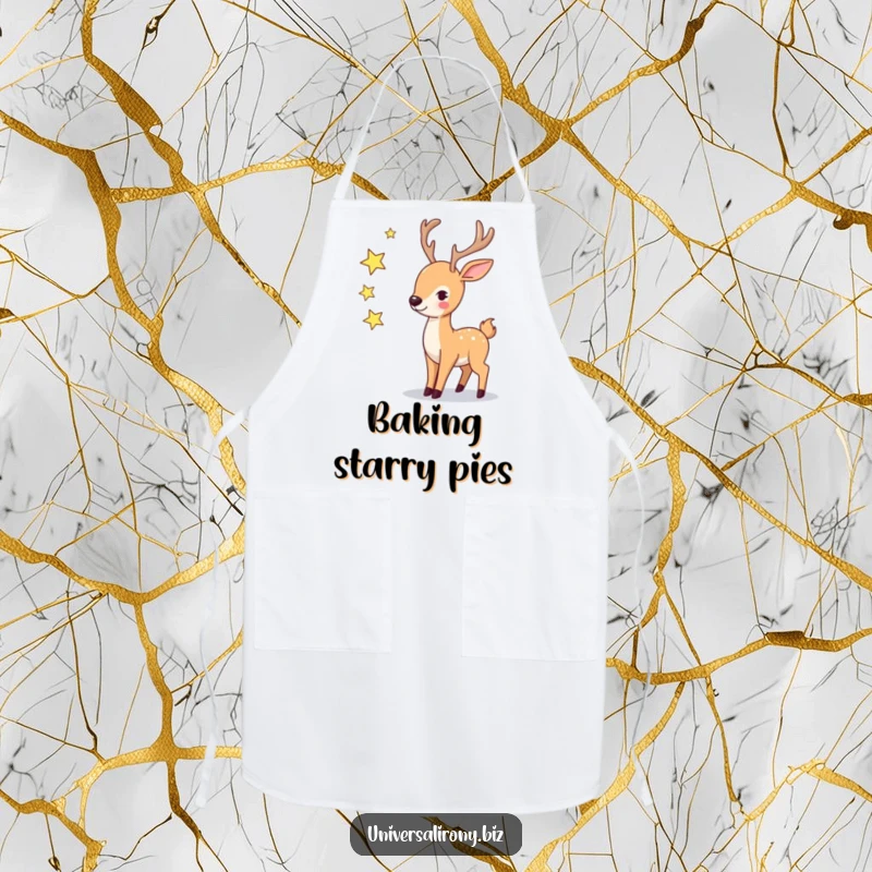 Funny playful deer juggling three twinkling stars on a kitchen apron, adding celestial charm.