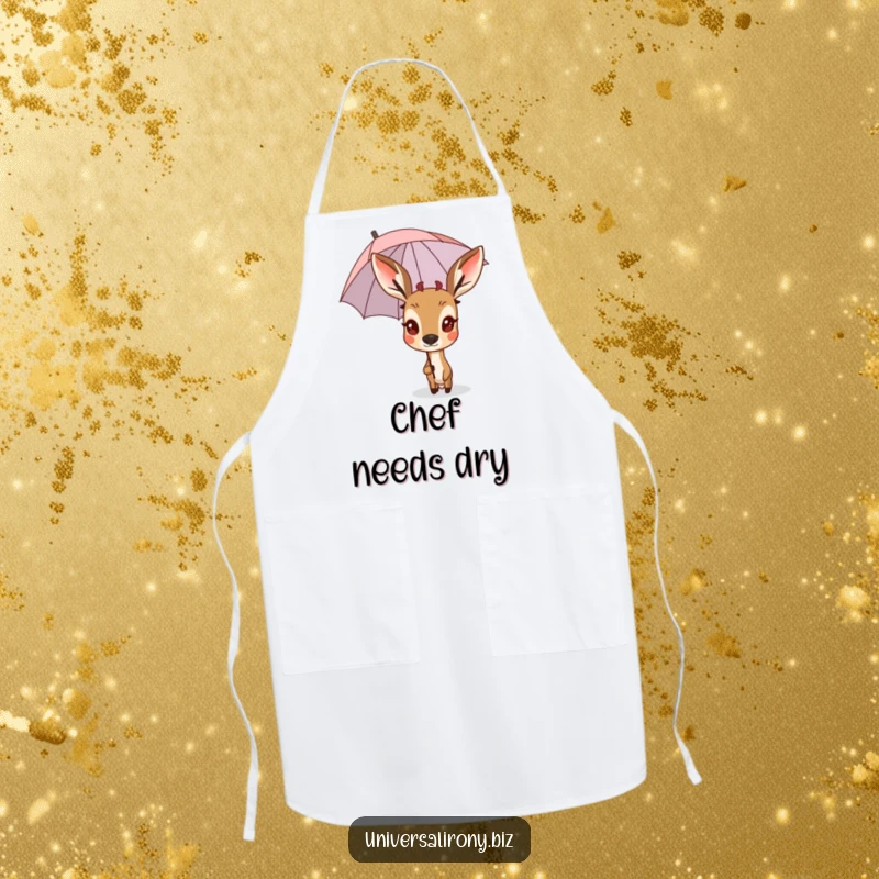 Funny surprised deer peeking from behind a small, inverted umbrella on a practical kitchen apron.