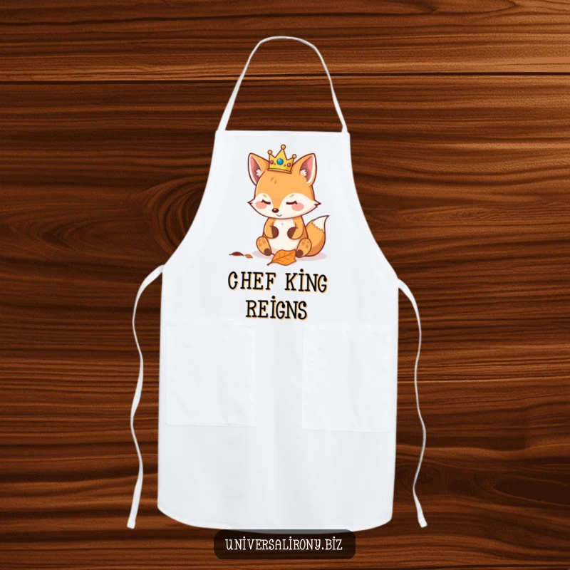 Funny kawaii fox wearing a tiny crown, looking smugly at a fallen leaf, on a kitchen apron for royal chefs.