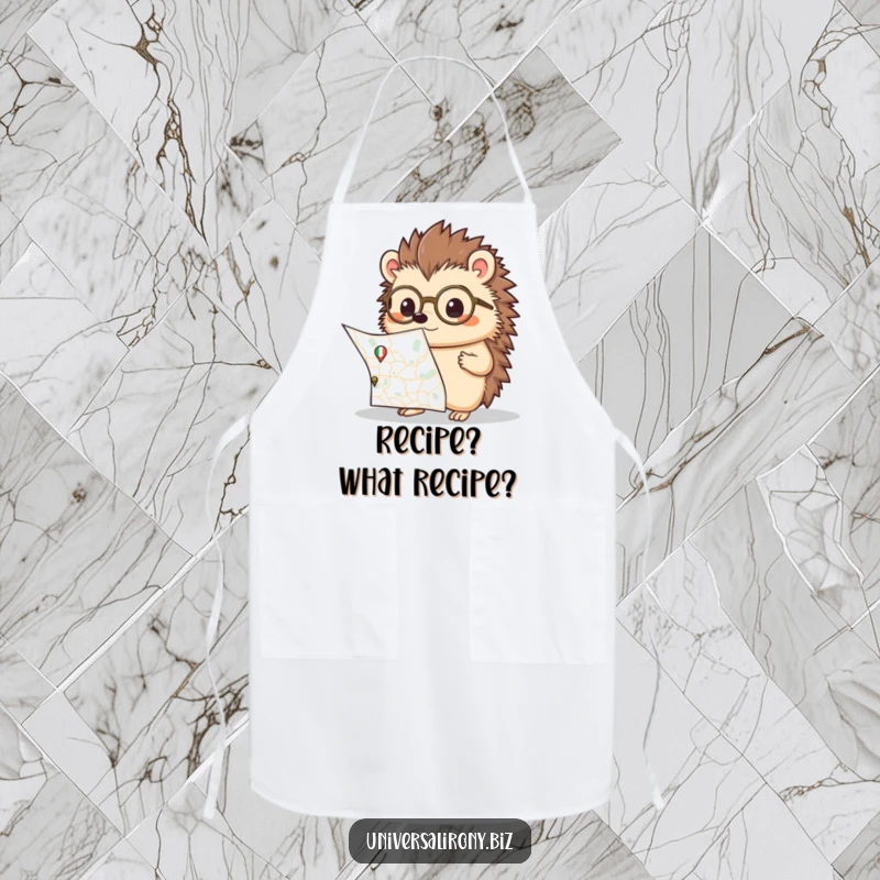 Funny kawaii hedgehog wearing spectacles, looking confused at a large map, on a kitchen apron for culinary exploration.