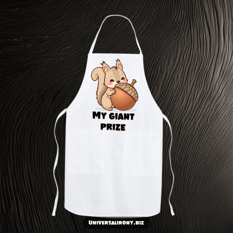 Funny kawaii squirrel attempting to hoard a huge acorn, on a kitchen apron, adding humor to cooking and gathering.
