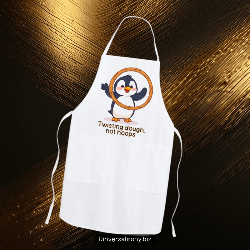 Funny apron showing a clumsy penguin hilariously attempting to hula hoop with a giant pretzel, perfect for a quirky cook.