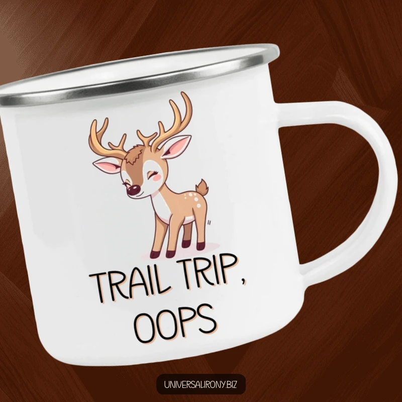 Funny kawaii deer tripping over antlers, featured on a durable camping mug, perfect for enjoying beverages outdoors.