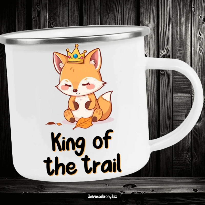 Funny kawaii fox with a crown, looking smugly at a leaf, on a rugged camping mug for regal outdoor sipping.