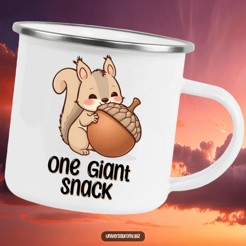 Funny kawaii squirrel hoarding a giant acorn, on a rugged camping mug, perfect for outdoor collecting and sipping.