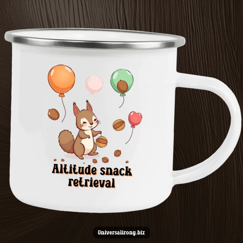 Funny camping mug showing a playful squirrel hilariously chasing nuts floating away on balloons, ideal for outdoor fun.