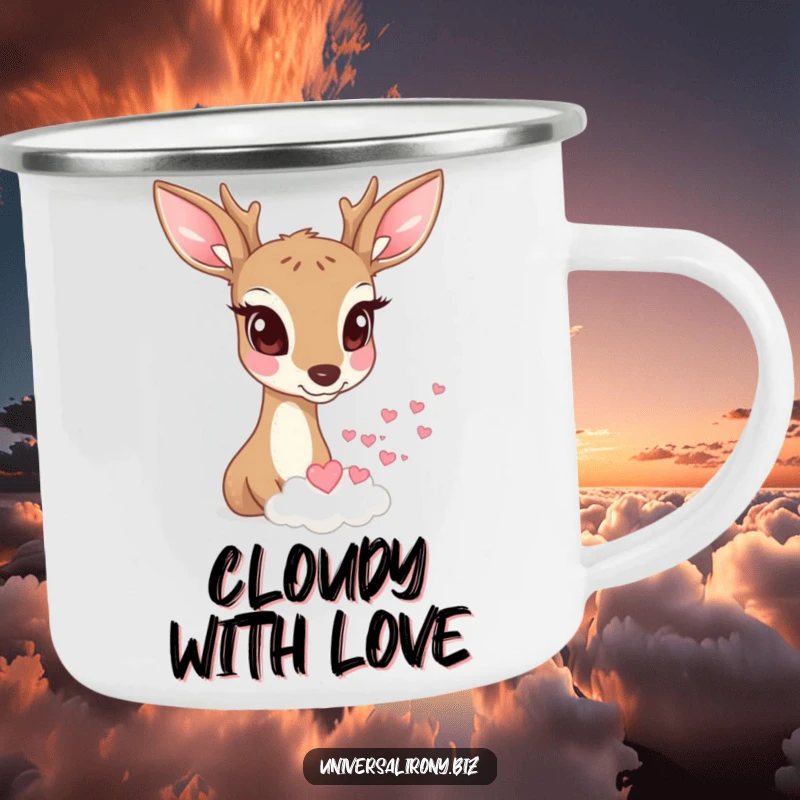 Funny deer with wide eyes watching a tiny cloud rain miniature hearts on a durable camping mug.