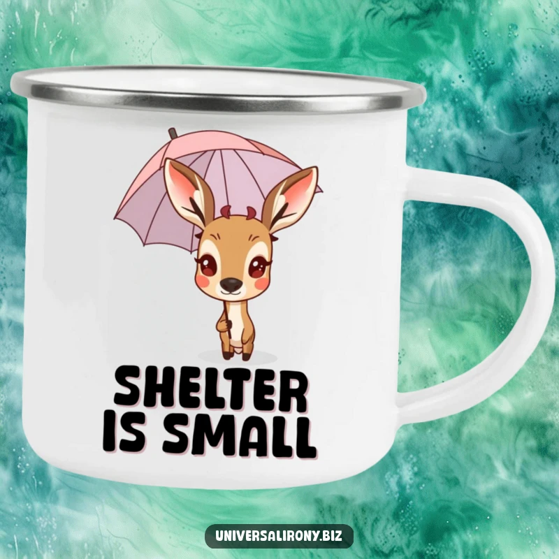 Funny surprised deer peeking from behind a tiny, inverted umbrella on a sturdy camping mug.