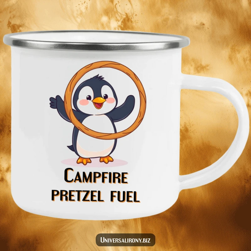 Funny camping mug showing a clumsy penguin hilariously trying to hula hoop with a giant pretzel, ideal for outdoor fun.
