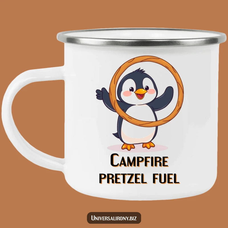 Funny Penguin Pretzel Camping Mug: Adventure Fuel for Snack Hoop Enthusiasts