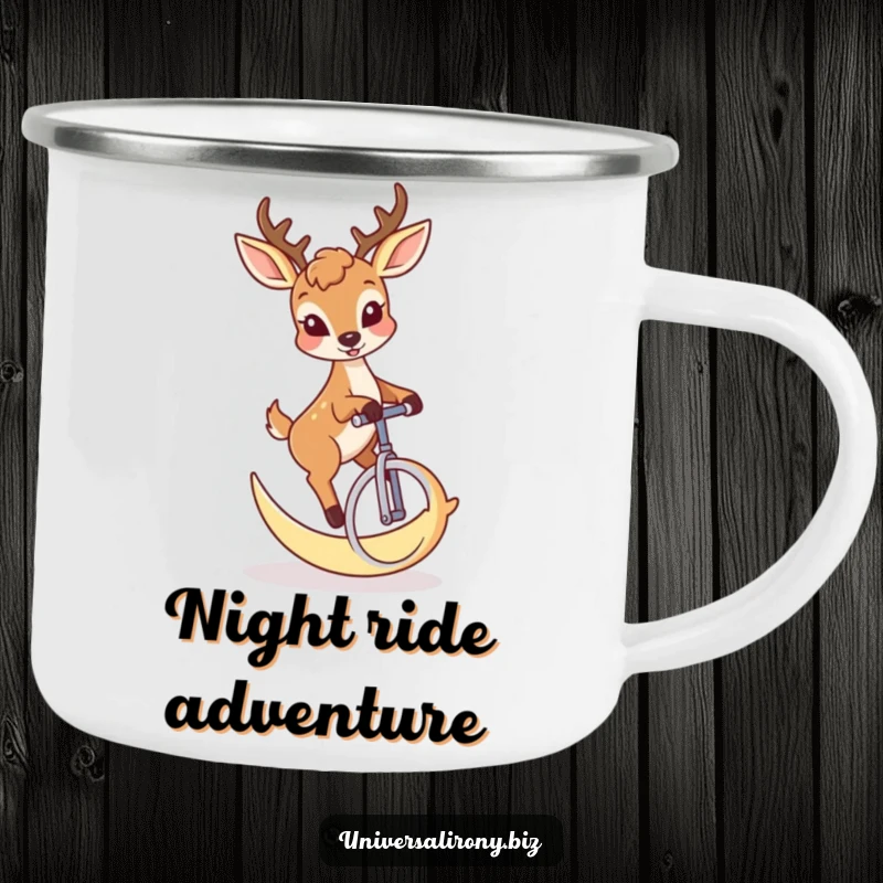 Funny deer with a mischievous grin riding a crescent moon unicycle on a durable camping mug.