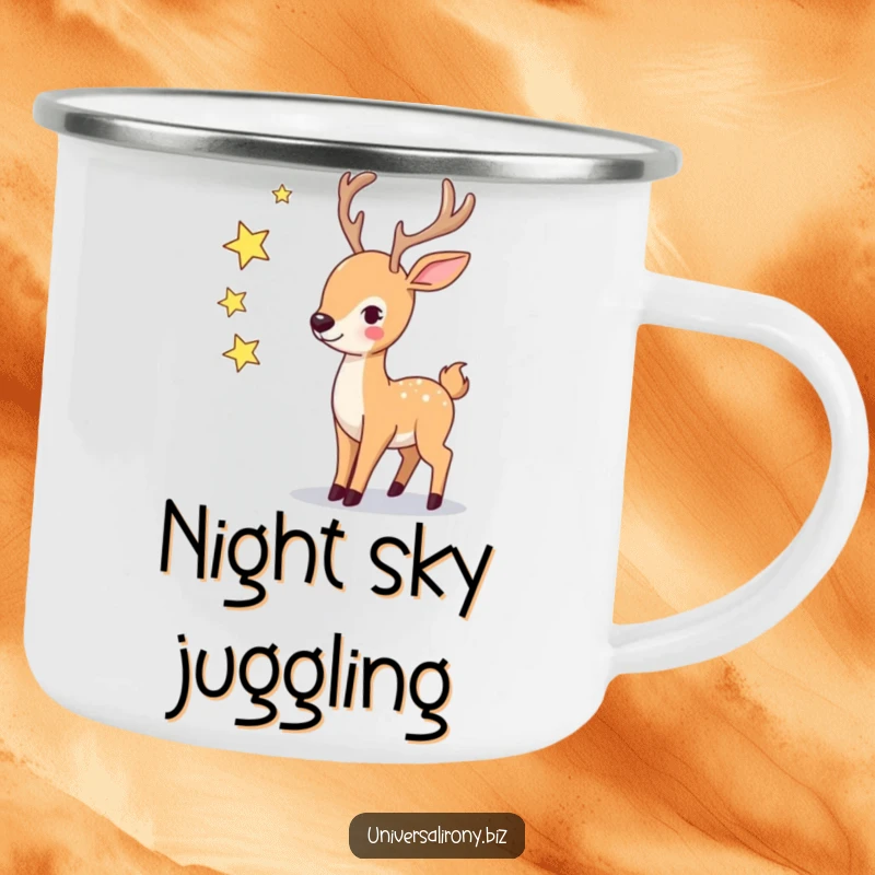 Funny playful deer juggling three twinkling stars on a durable camping mug for outdoor enjoyment.