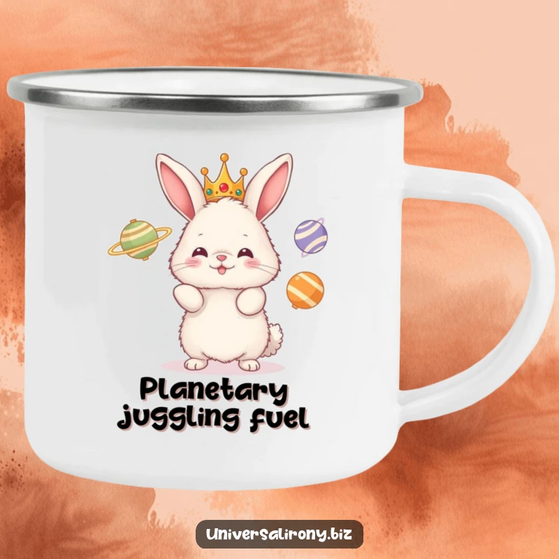 Funny camping mug featuring a fluffy crowned bunny juggling three spinning planets, ideal for outdoor enthusiasts with a sense of humor.
