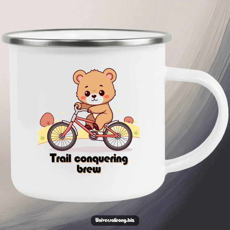 Funny camping mug showing a determined bear cub struggling to ride a tiny bicycle uphill, ideal for outdoor enthusiasts.