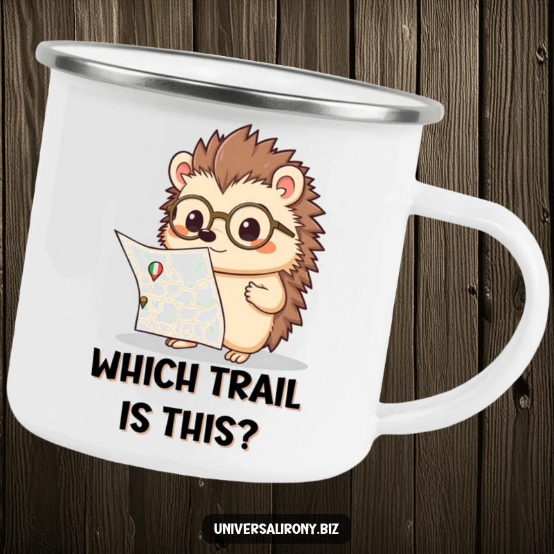 Funny kawaii hedgehog with glasses, confused by a map, on a rugged camping mug for outdoor exploration.