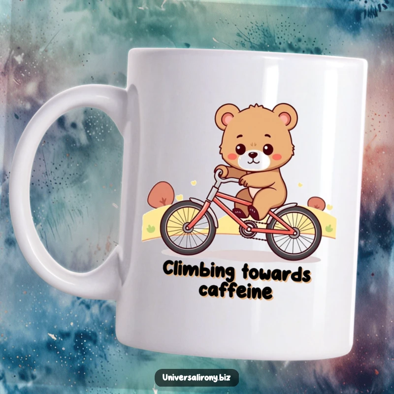Funny mug showcasing a cute, determined bear cub struggling to ride a tiny bicycle uphill with immense effort and focus.