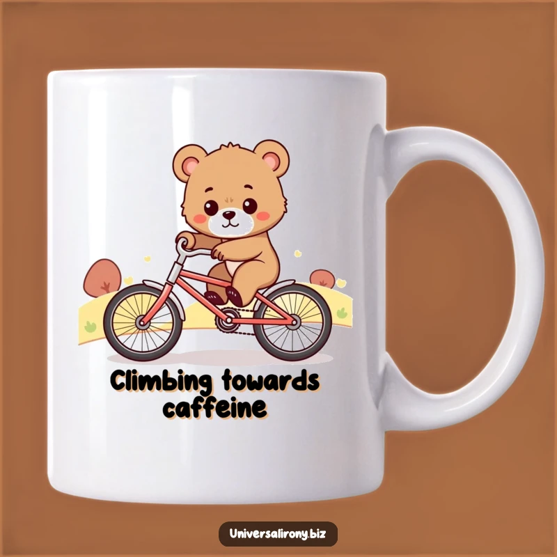 Funny Determined Bear Cub Mug: Hilarious Uphill Bike Ride for Motivated Coffee Lovers