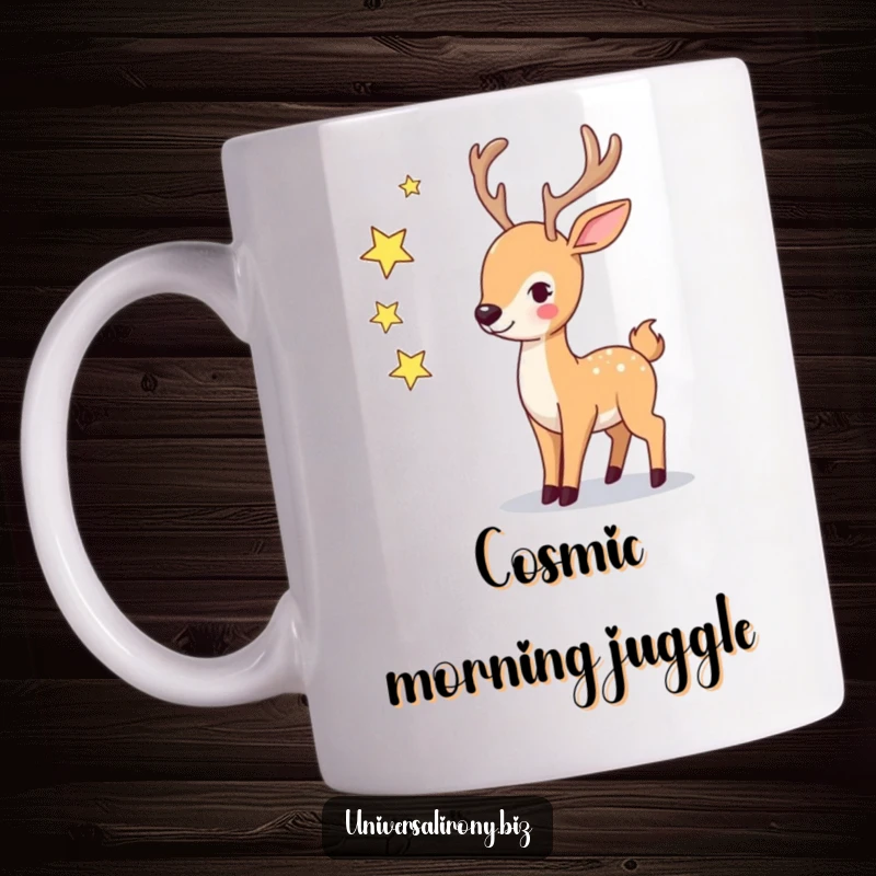 Funny playful deer juggling three twinkling stars with a whimsical, celestial theme on a mug.