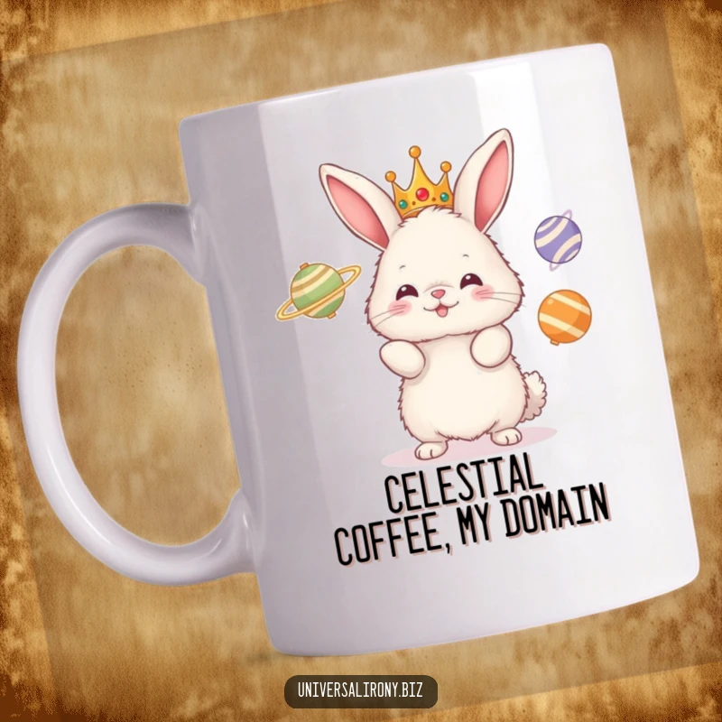 Funny mug showcasing a fluffy bunny with a crown, adorably juggling three spinning planets in a whimsical cosmic scene.