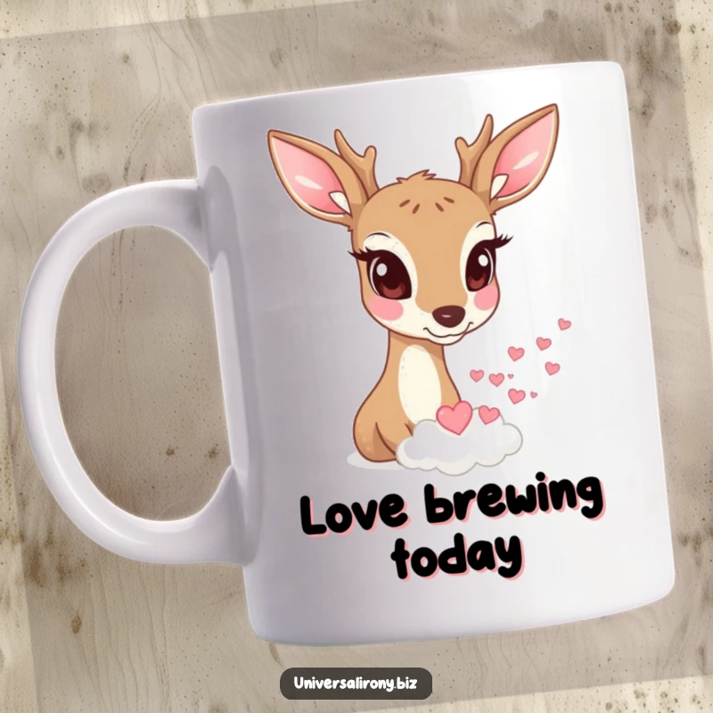 Funny deer with wide eyes watching a tiny sentient cloud rain miniature hearts on a mug.