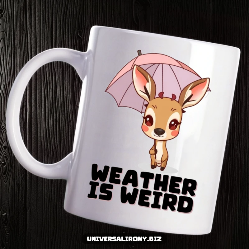 Funny surprised deer peeking from behind a tiny, upside-down umbrella on a mug, in a comical pose.