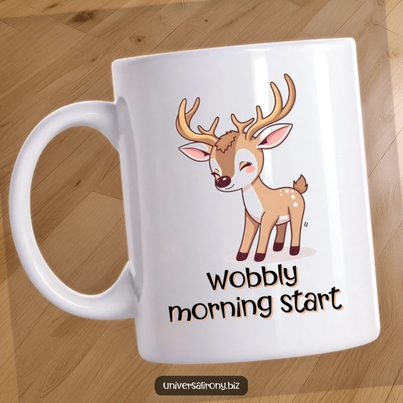 Funny kawaii deer playfully tripping over its own large antlers, depicted on a ceramic mug for a humorous start.