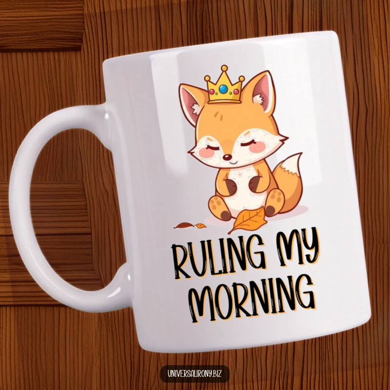 Funny kawaii fox wearing a tiny crown, smugly looking at a fallen leaf, on a mug for a regal gift.