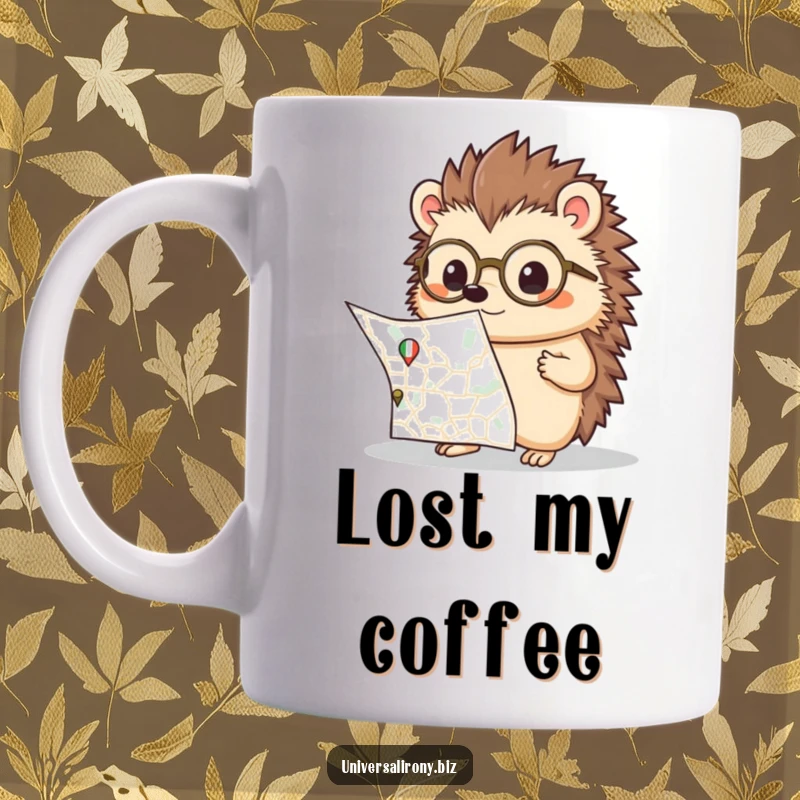 Funny kawaii hedgehog with spectacles, looking confused at a big map, on a mug for a humorous gift.