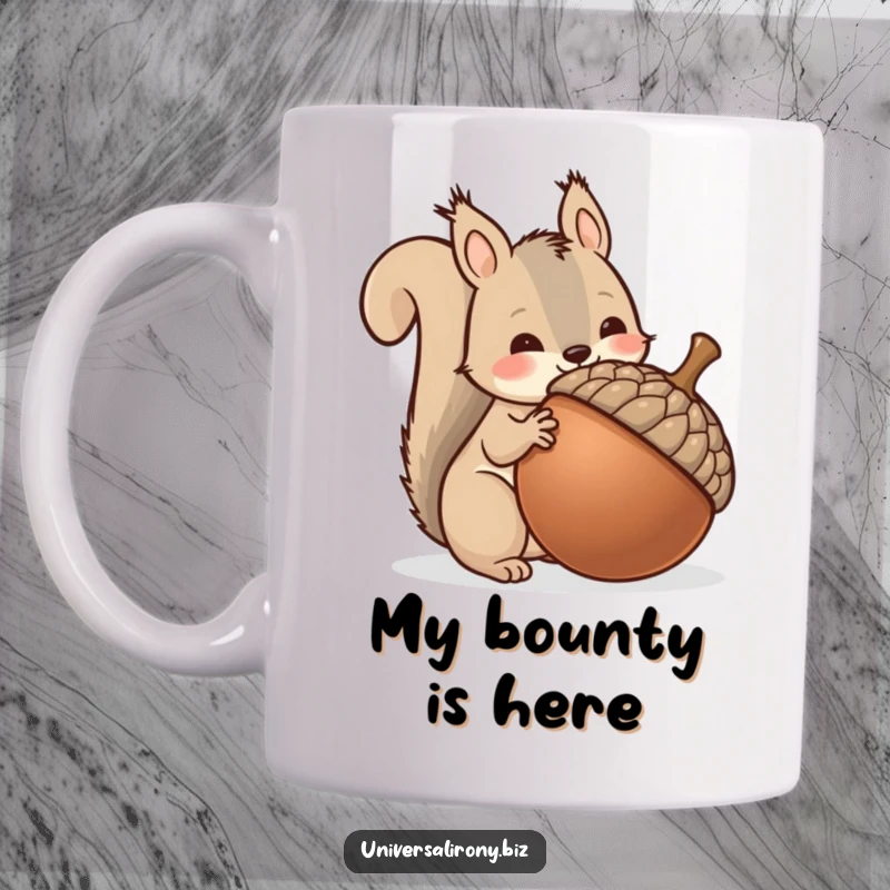 Funny kawaii squirrel trying to hoard one huge acorn, on a mug for a comical collector's gift.