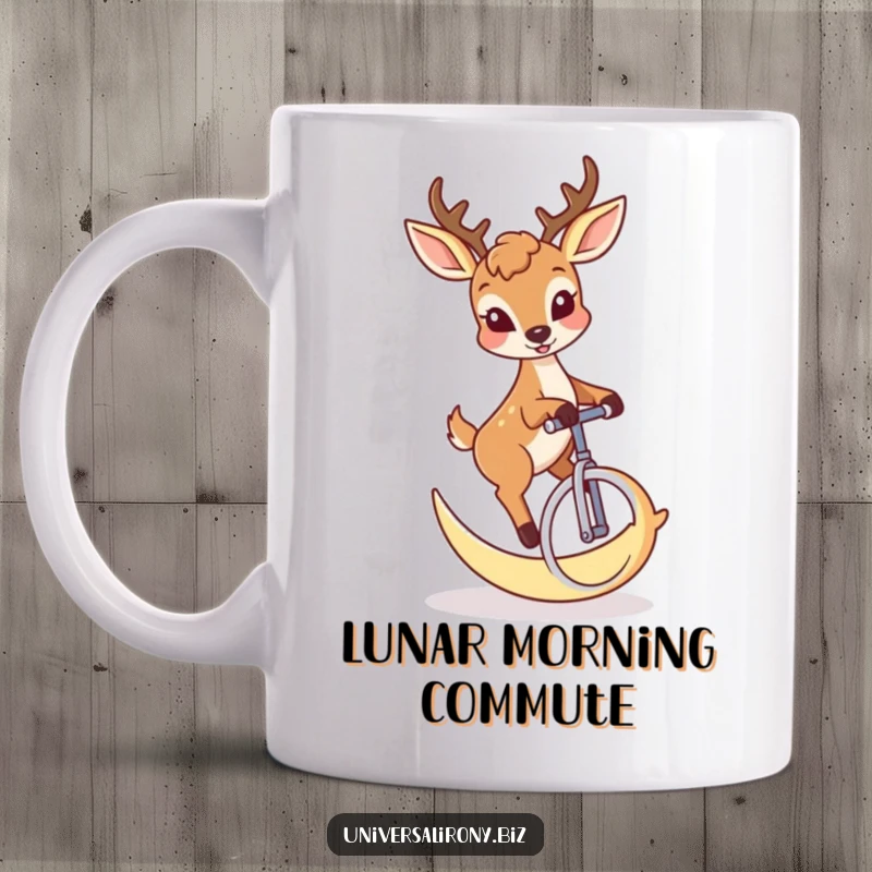 Funny deer with a mischievous grin riding a unicycle made of a crescent moon on a mug.