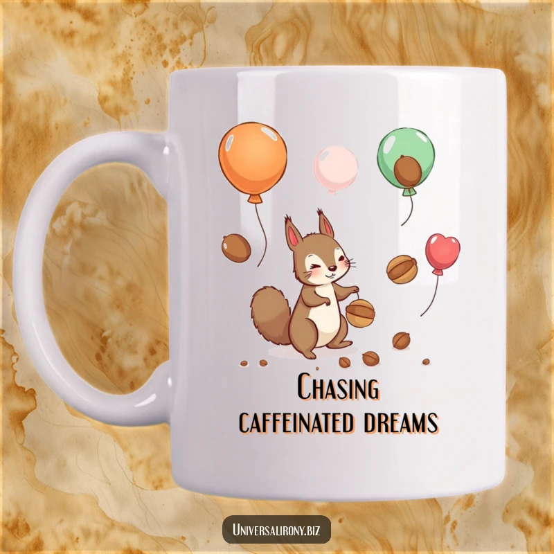 Funny mug showcasing a playful squirrel hilariously trying to catch nuts floating away on balloons in a whimsical sky scene.