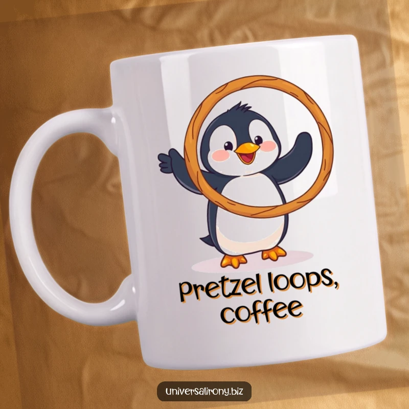 Funny mug featuring a clumsy penguin hilariously trying to hula hoop using a giant pretzel, showcasing a unique balancing act.