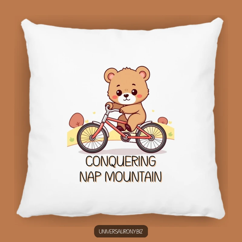 Funny Bear Cub Bicycle Pillow: Cozy Comfort with Determined Uphill Adventures