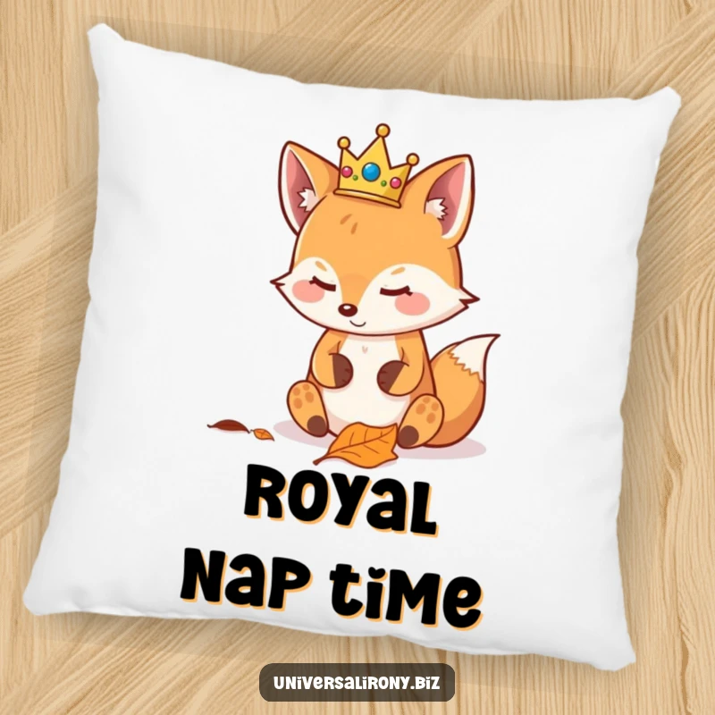 Funny kawaii fox with a crown, looking smugly at a leaf, on a soft pillow, offering comfort and regal charm.