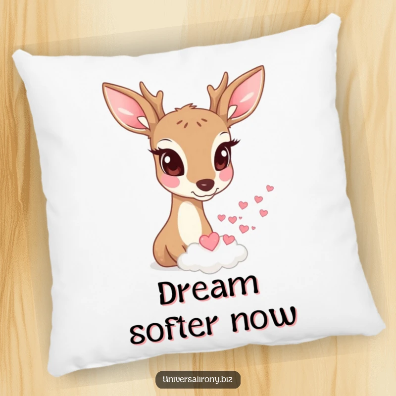 Soft pillow featuring a funny deer with wide eyes watching a tiny cloud rain miniature hearts.