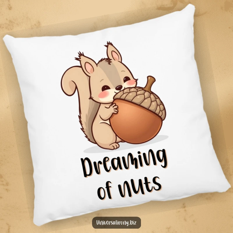 Funny kawaii squirrel hoarding a giant acorn, on a soft pillow, offering comfort and collector's charm.