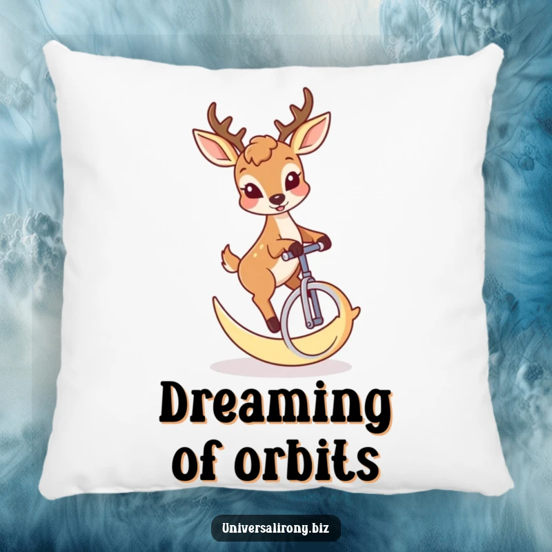 Soft pillow showcasing a funny deer with a mischievous grin riding a crescent moon unicycle.