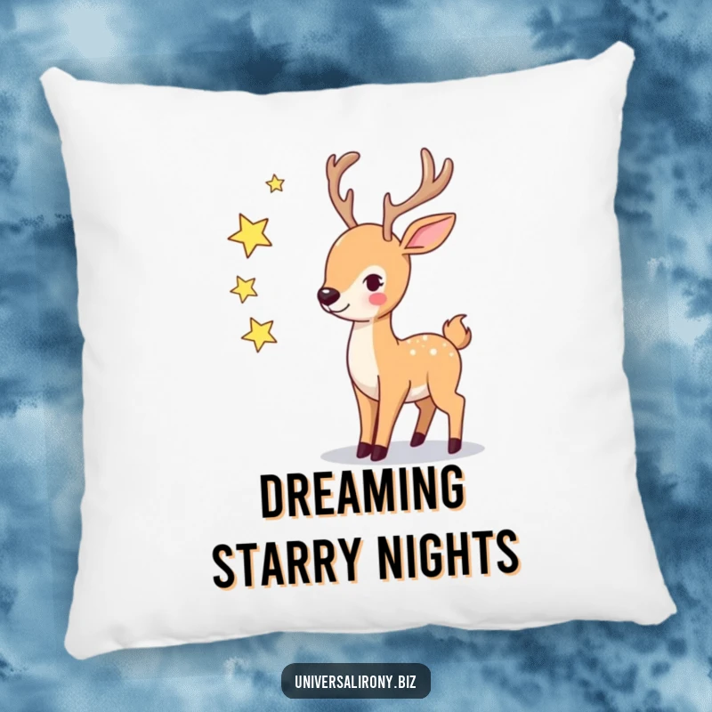 Soft pillow featuring a funny playful deer juggling small twinkling stars, perfect for cozying up.