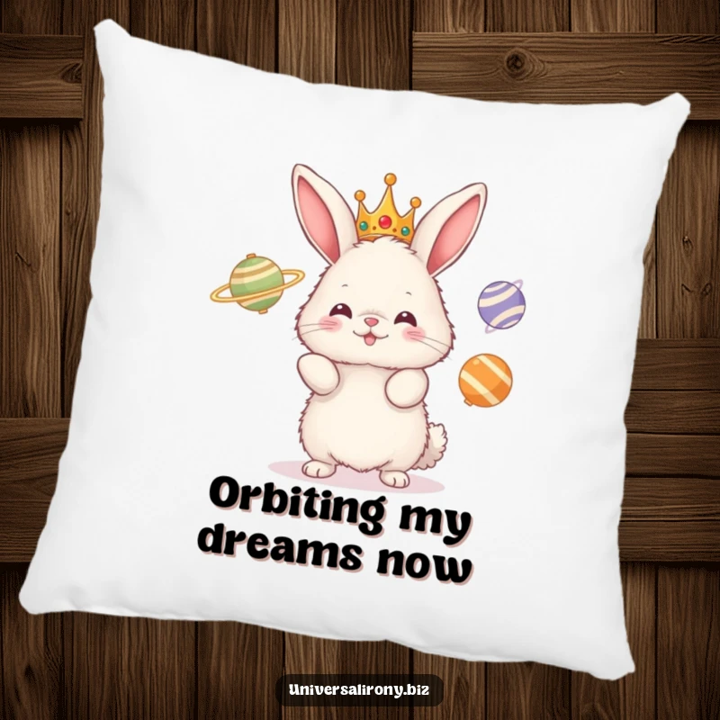 Funny pillow illustrating a fluffy crowned bunny hilariously attempting to juggle three spinning planets, adding a quirky touch to decor.
