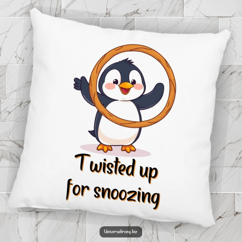 Funny pillow illustrating a clumsy penguin hilariously trying to hula hoop with a giant pretzel, adding a quirky touch.