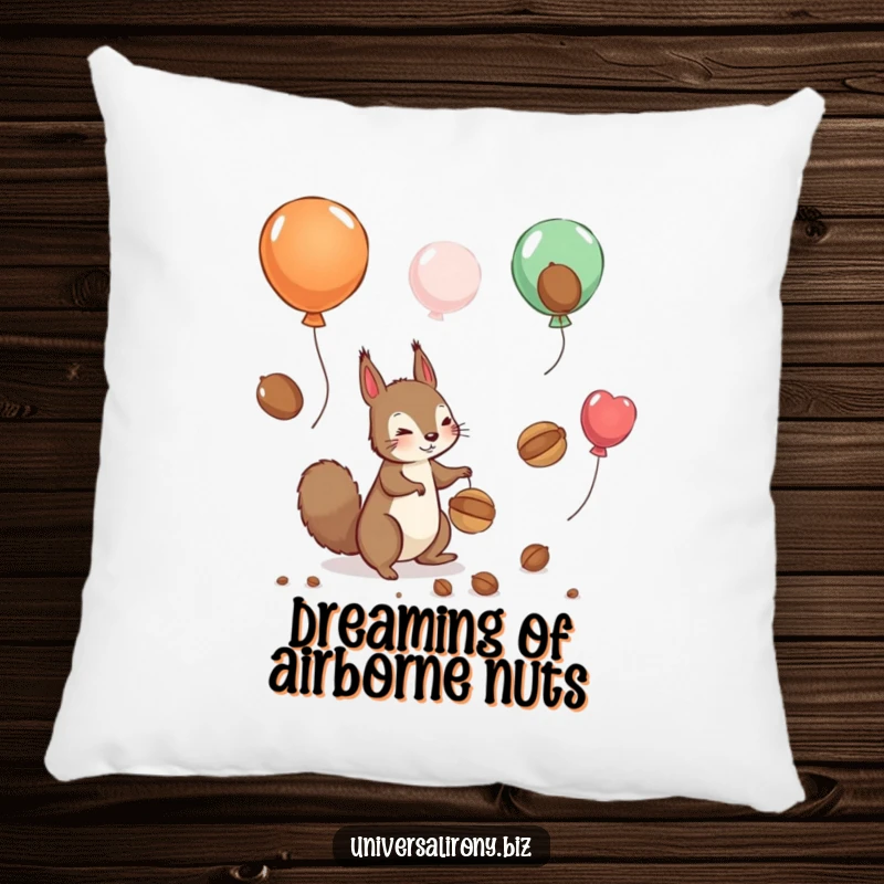 Funny pillow illustrating a playful squirrel hilariously chasing nuts floating away on balloons, adding whimsical decor.