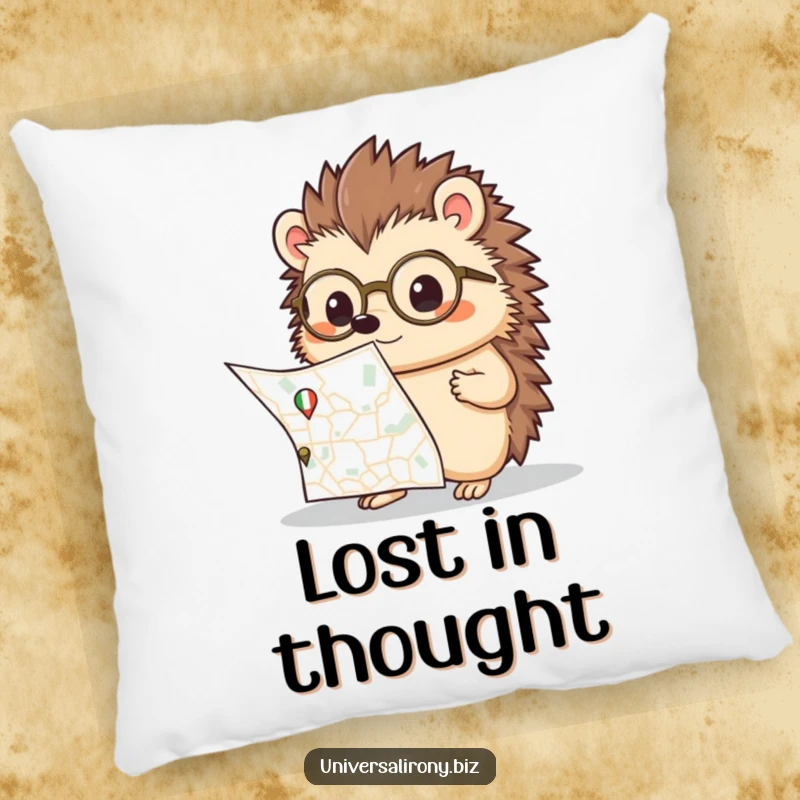 Funny kawaii hedgehog with spectacles, confused by a map, on a soft pillow, offering comfort and intellectual humor.