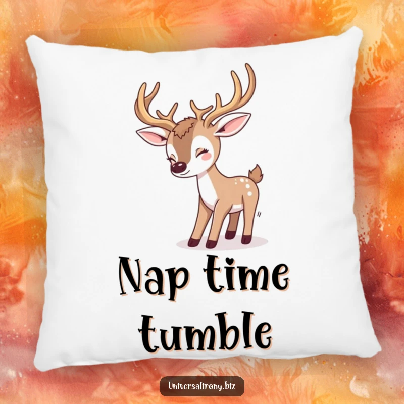 Funny kawaii deer tripping over its large antlers, featured on a soft pillow, perfect for adding comfort and humor.