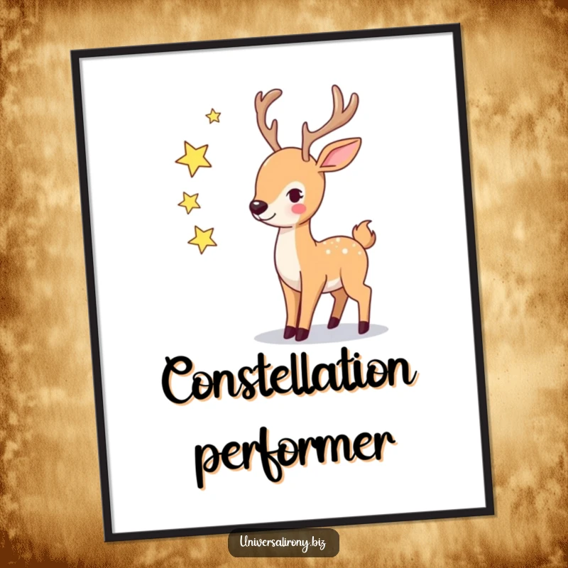 Funny playful deer juggling three twinkling stars in a whimsical digital art print.