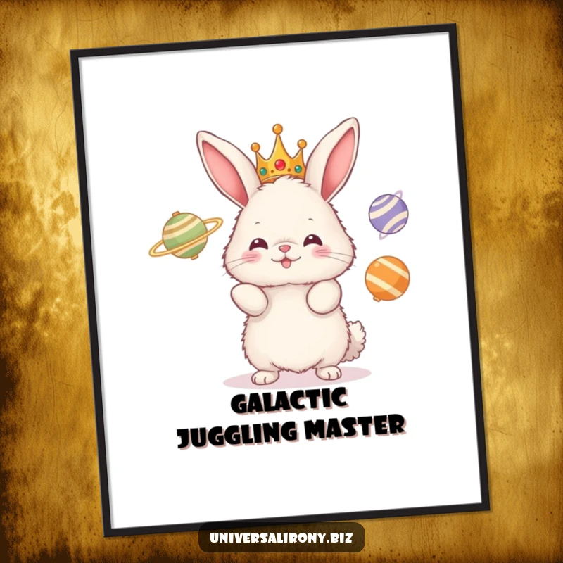 Funny digital art print of a fluffy crowned bunny hilariously juggling three spinning planets, perfect for adding cosmic charm and humor.